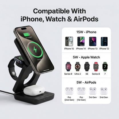 MagBase Foldable 3-in-1 MagSafe Wireless Fast Charging Station